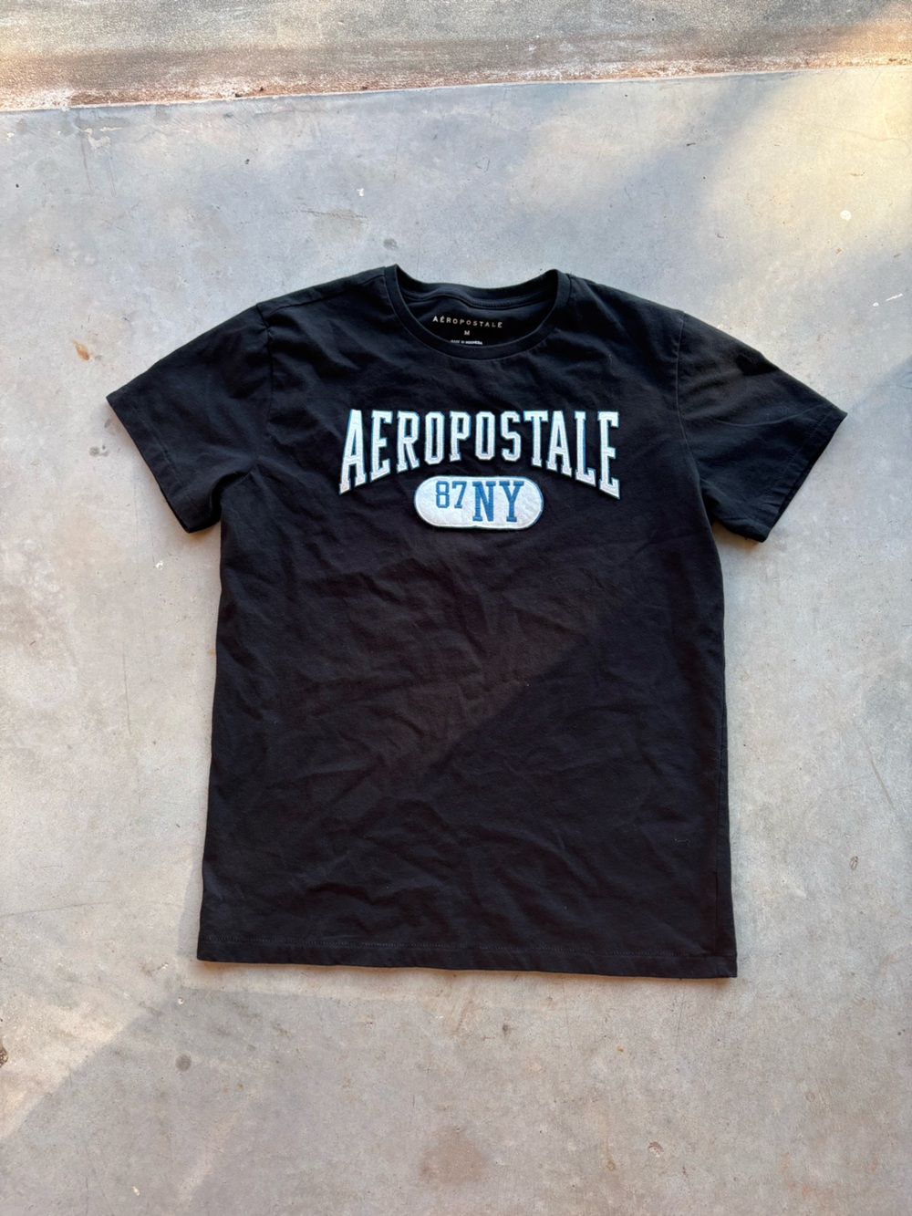Aeropostale Black Short Sleeve Tee with White and Blue Logo